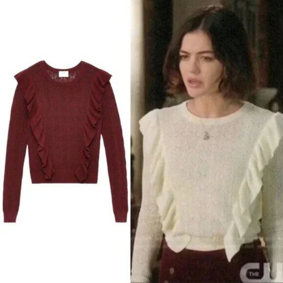Aritzia Wilfred Bernelle Ruffle Crochet Sweater Burgundy Wine Size Medium - Picture 2 of 8